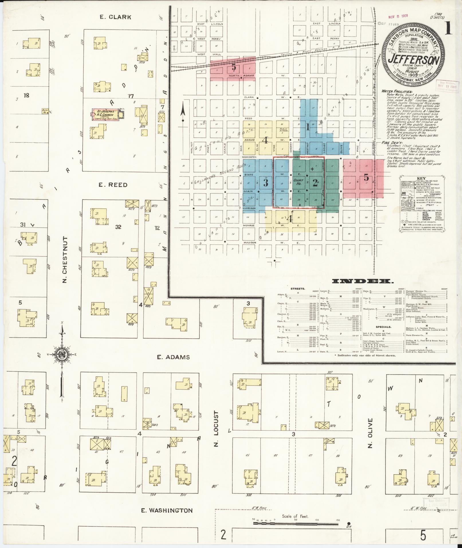 Sanborn Fire Insurance Map from Jefferson, Greene County, Iowa (1909), Sheet #0001 - Historic Sanborn Fire Insurance Map Print, vintage old map wall art