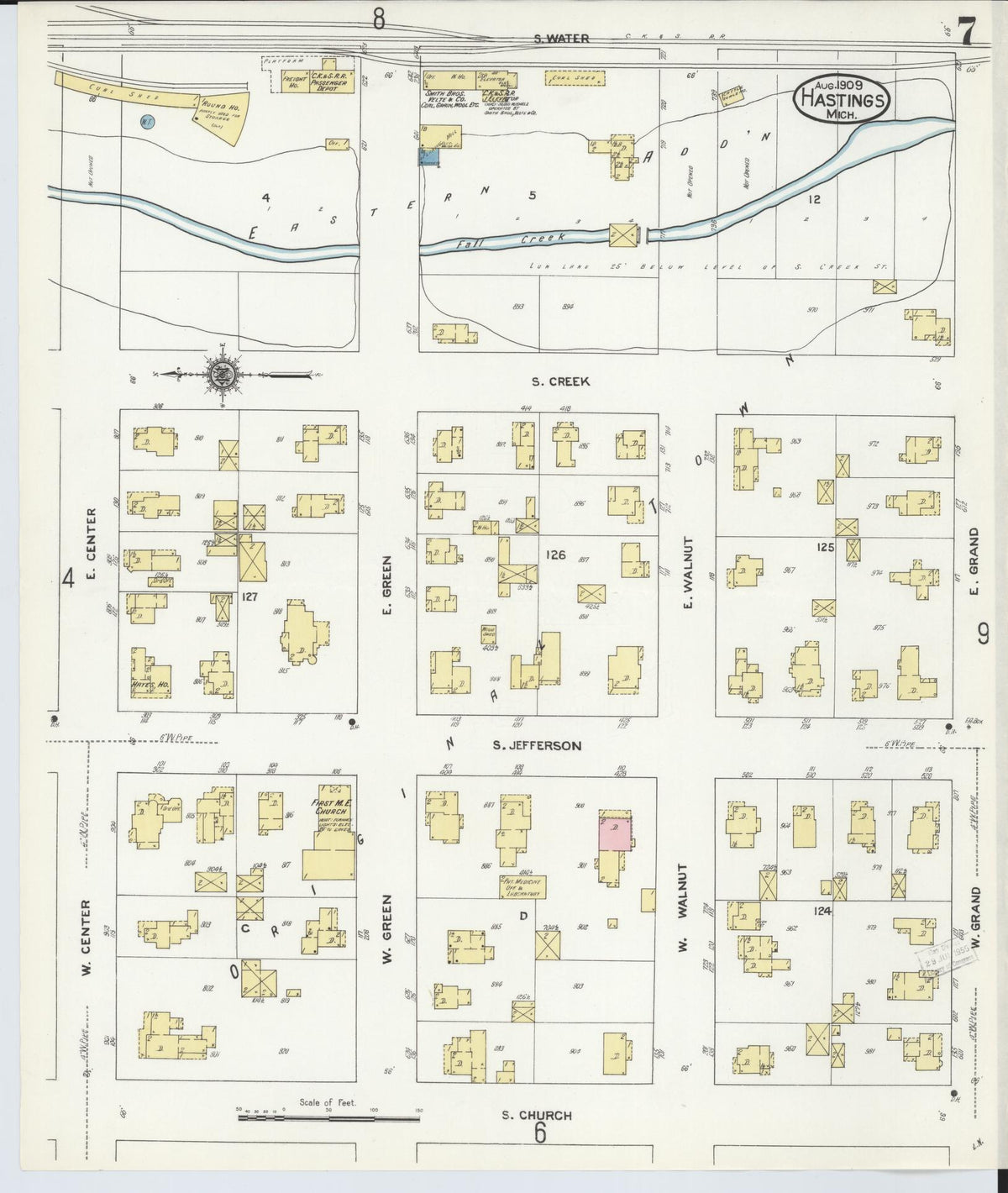 Sanborn Fire Insurance Map from Hastings, Barry County, Michigan (1909), Sheet #0007 - Historic Sanborn Fire Insurance Map Print, vintage old map wall art, antique decor, genealogy gift, Michigan Michigan map