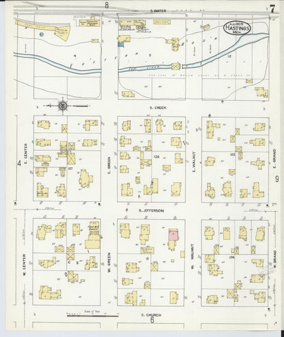 Sanborn Fire Insurance Map from Hastings, Barry County, Michigan (1909), Sheet #0007 - Historic Sanborn Fire Insurance Map Print, vintage old map wall art, antique decor, genealogy gift, Michigan Michigan map