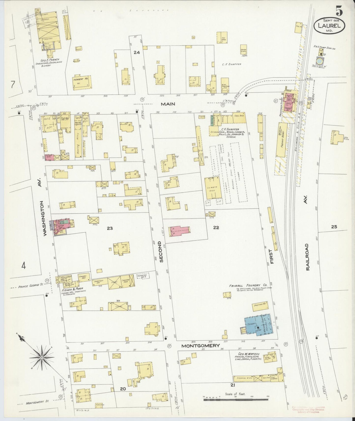 Sanborn Fire Insurance Map from Laurel, Prince Georges County, Maryland (1908), Sheet #0005 - Historic Sanborn Fire Insurance Map Print, vintage old map wall art