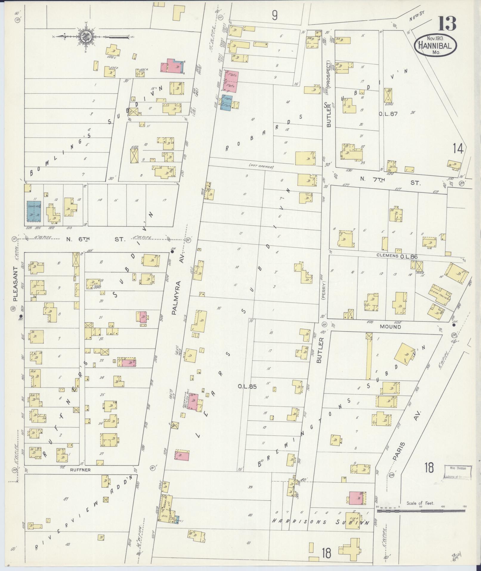 Sanborn Fire Insurance Map from Hannibal, Marion County, Missouri (1913), Sheet #0013 - Complete Map Set gallery image, historic Sanborn map, vintage wall art, Missouri Missouri
