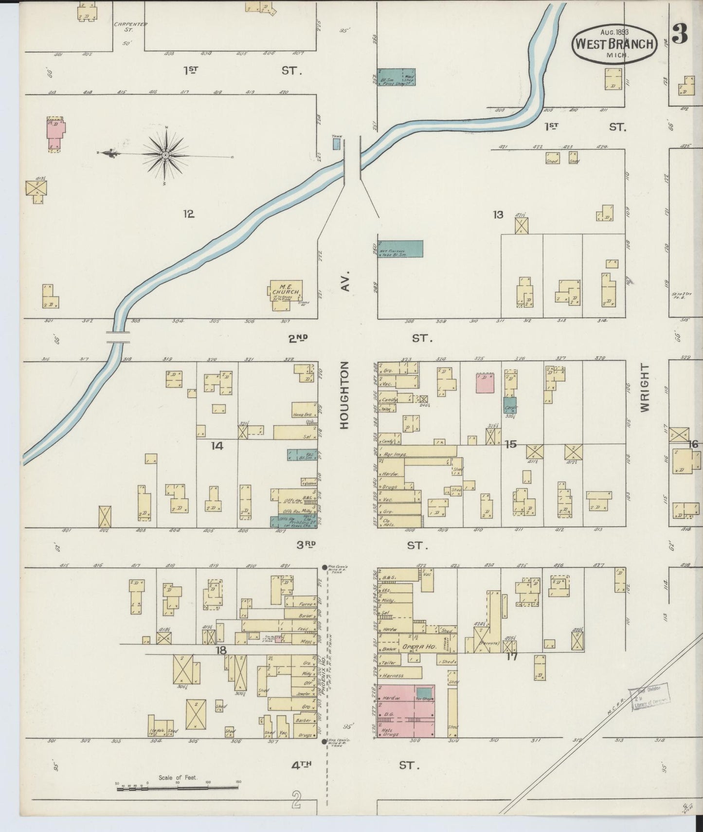 Sanborn Fire Insurance Map from West Branch, Ogemaw County, Michigan (1893), Sheet #0003 - Complete Map Set gallery image, historic Sanborn map, vintage wall art, Michigan Michigan