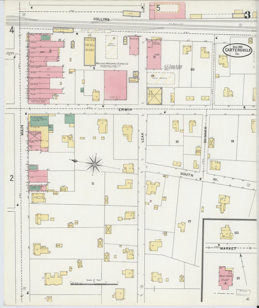 Sanborn Fire Insurance Map from Cartersville, Bartow County, Georgia (1905), Sheet #0003 - Historic Sanborn Fire Insurance Map Print, vintage old map wall art, antique decor, genealogy gift, Georgia Georgia map