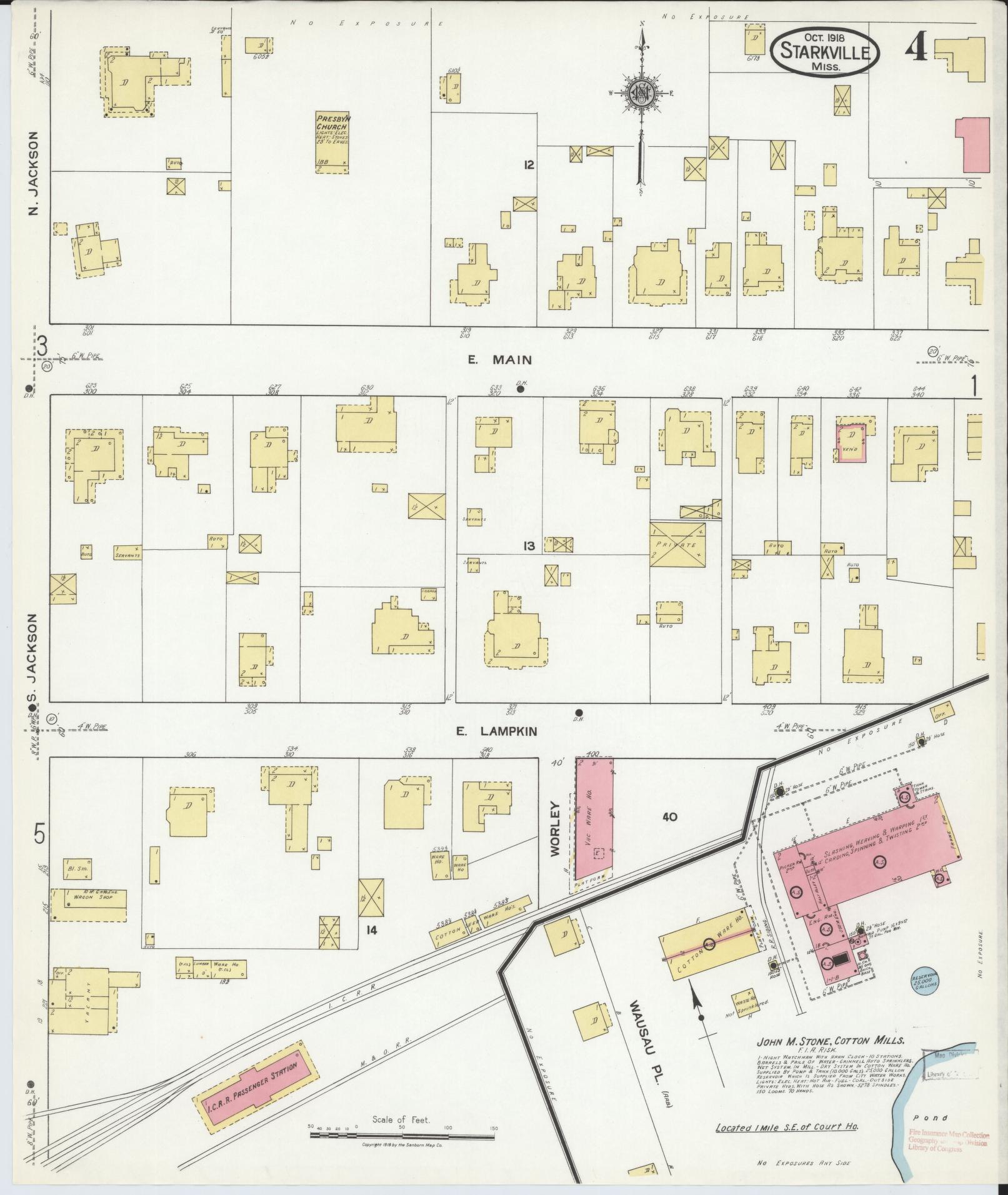 Sanborn Fire Insurance Map from Starkville, Oktibbeha County, Mississippi (1918), Sheet #0004 - Complete Map Set gallery image, historic Sanborn map, vintage wall art, Mississippi Mississippi