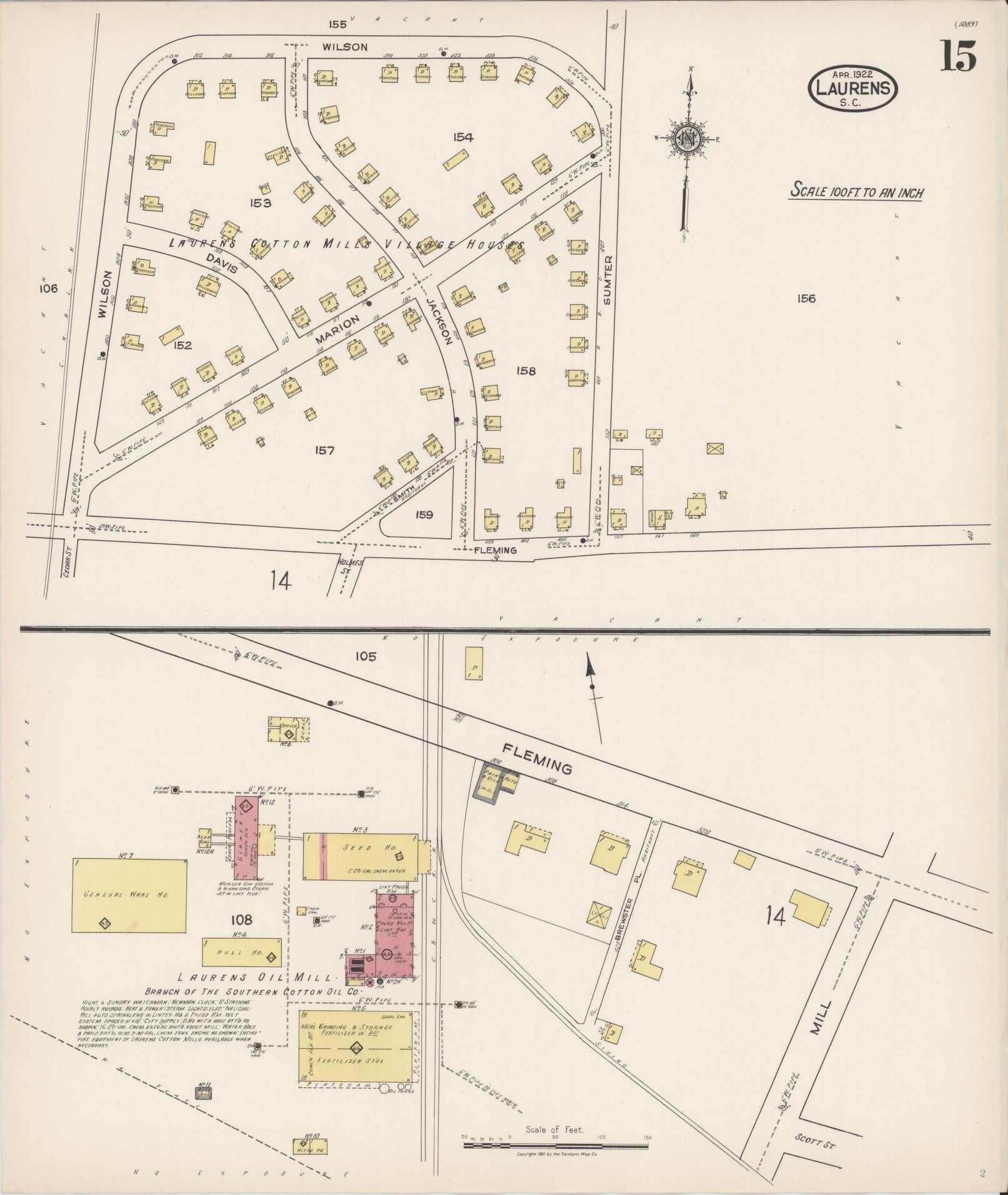 Sanborn Fire Insurance Map from Laurens, Laurens County, South Carolina (1922), Sheet #0015 - Complete Map Set gallery image, historic Sanborn map, vintage wall art, South Carolina South Carolina
