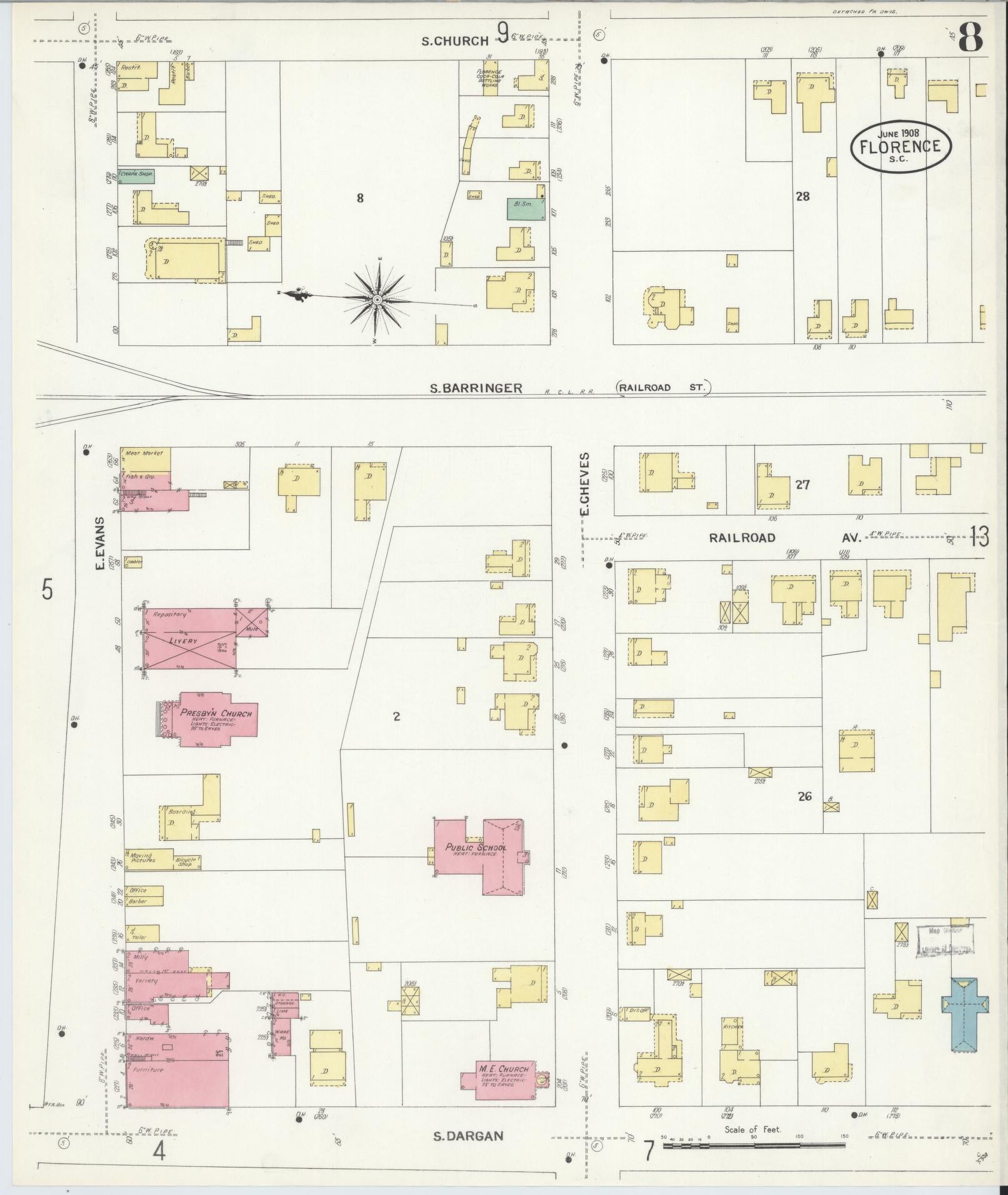 Sanborn Fire Insurance Map from Florence, Florence County, South Carolina (1908), Sheet #0008 - Complete Map Set gallery image, historic Sanborn map, vintage wall art, South Carolina South Carolina