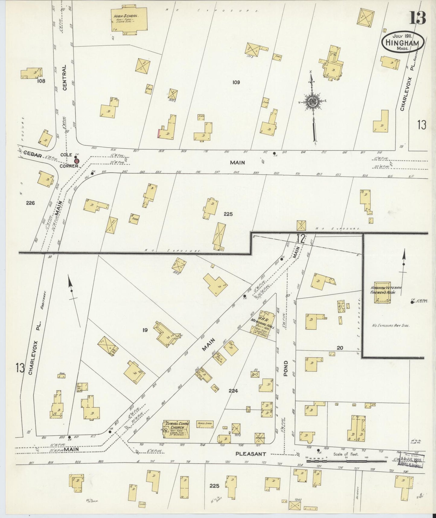 Sanborn Fire Insurance Map from Hingham, Plymouth County, Massachusetts (1911), Sheet #0013 - Complete Map Set gallery image, historic Sanborn map, vintage wall art, Massachusetts Massachusetts