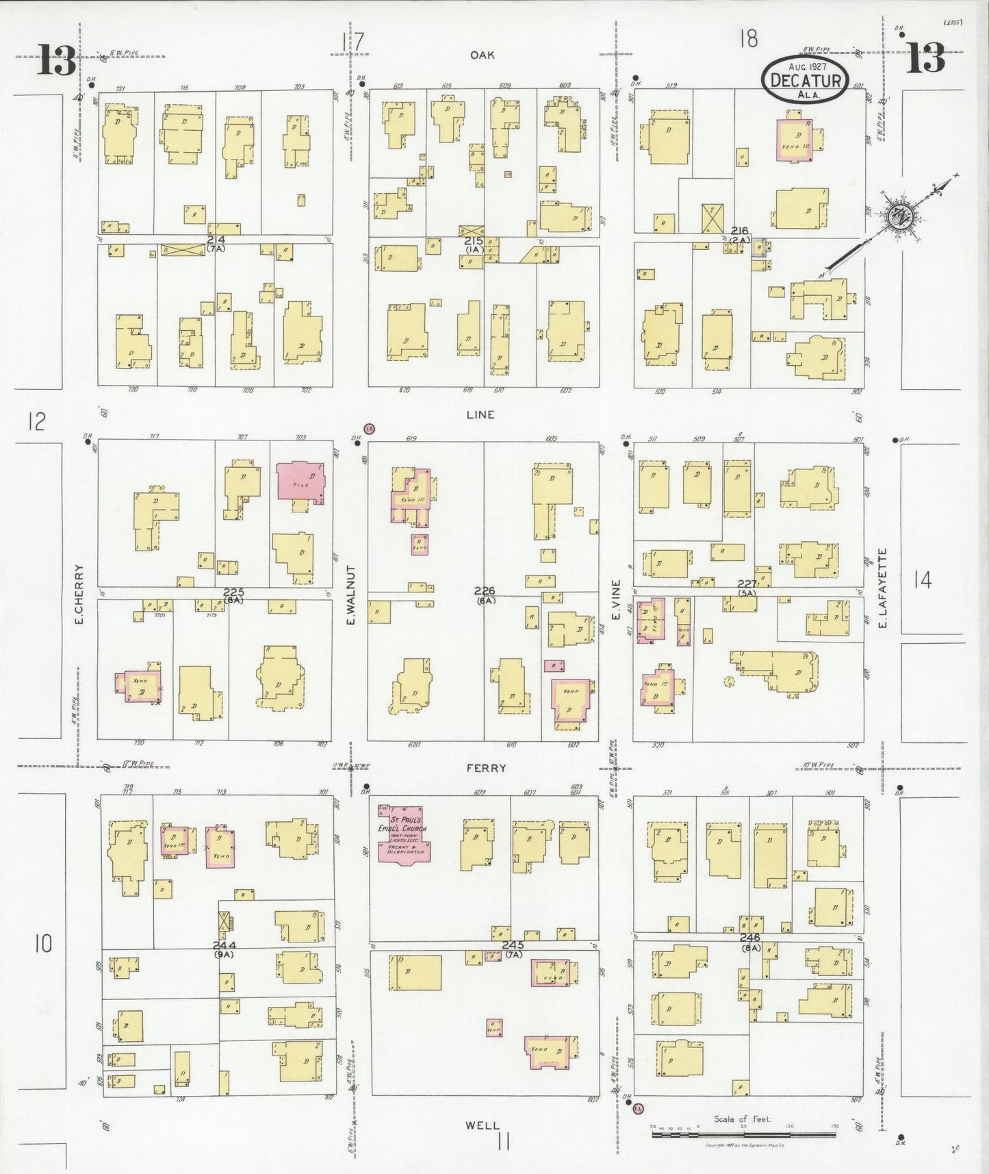 Sanborn Fire Insurance Map from Decatur, Morgan County, Alabama (1927), Sheet #0013 - Complete Map Set gallery image, historic Sanborn map, vintage wall art, Alabama Alabama
