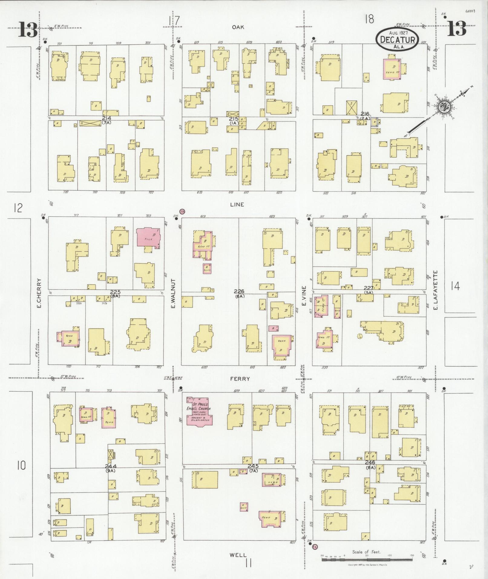 Sanborn Fire Insurance Map from Decatur, Morgan County, Alabama (1927), Sheet #0013 - Complete Map Set gallery image, historic Sanborn map, vintage wall art, Alabama Alabama