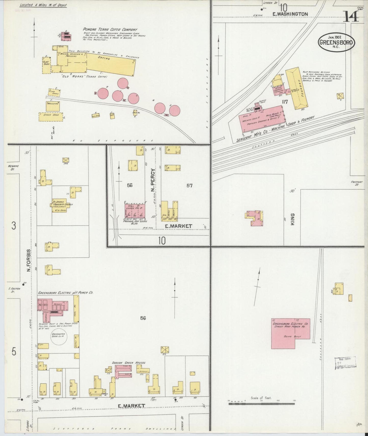 Sanborn Fire Insurance Map from Greensboro, Guilford County, North Carolina (1902), Sheet #0014 - Complete Map Set gallery image, historic Sanborn map, vintage wall art, North Carolina North Carolina