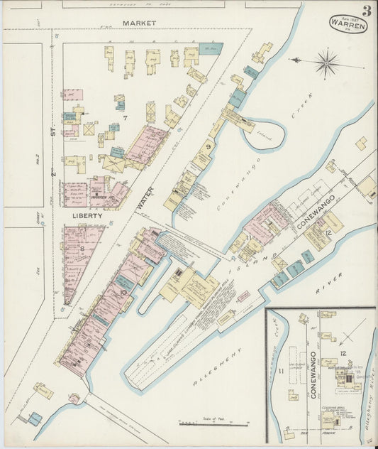 Sanborn Fire Insurance Map from Warren, Warren County, Pennsylvania (1887), Sheet #0003 - Historic Sanborn Fire Insurance Map Print, vintage old map wall art, antique decor, genealogy gift, Pennsylvania Pennsylvania map