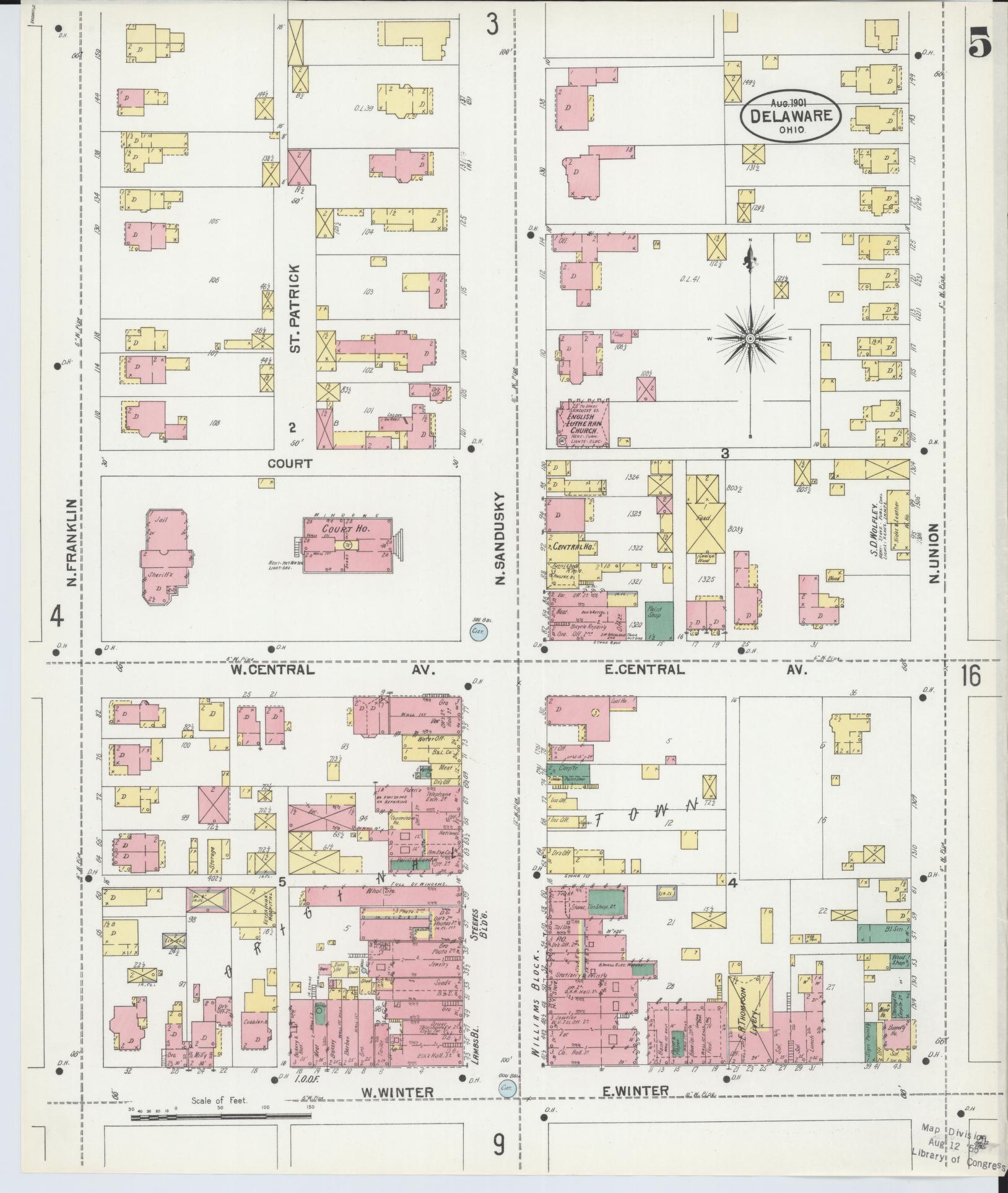 Sanborn Fire Insurance Map from Delaware, Delaware County, Ohio (1901), Sheet #0005 - Historic Sanborn Fire Insurance Map Print, vintage old map wall art, antique decor, genealogy gift, Sanborn Fire Insurance Map from Delaware Delaware map