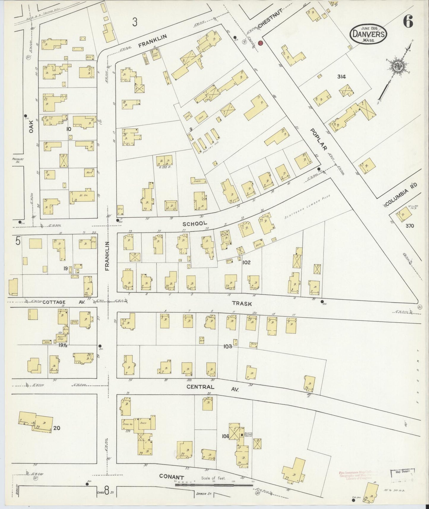 Sanborn Fire Insurance Map from Danvers, Essex County, Massachusetts (1916), Sheet #0006 - Historic Sanborn Fire Insurance Map Print, vintage old map wall art, antique decor, genealogy gift, Massachusetts Massachusetts map