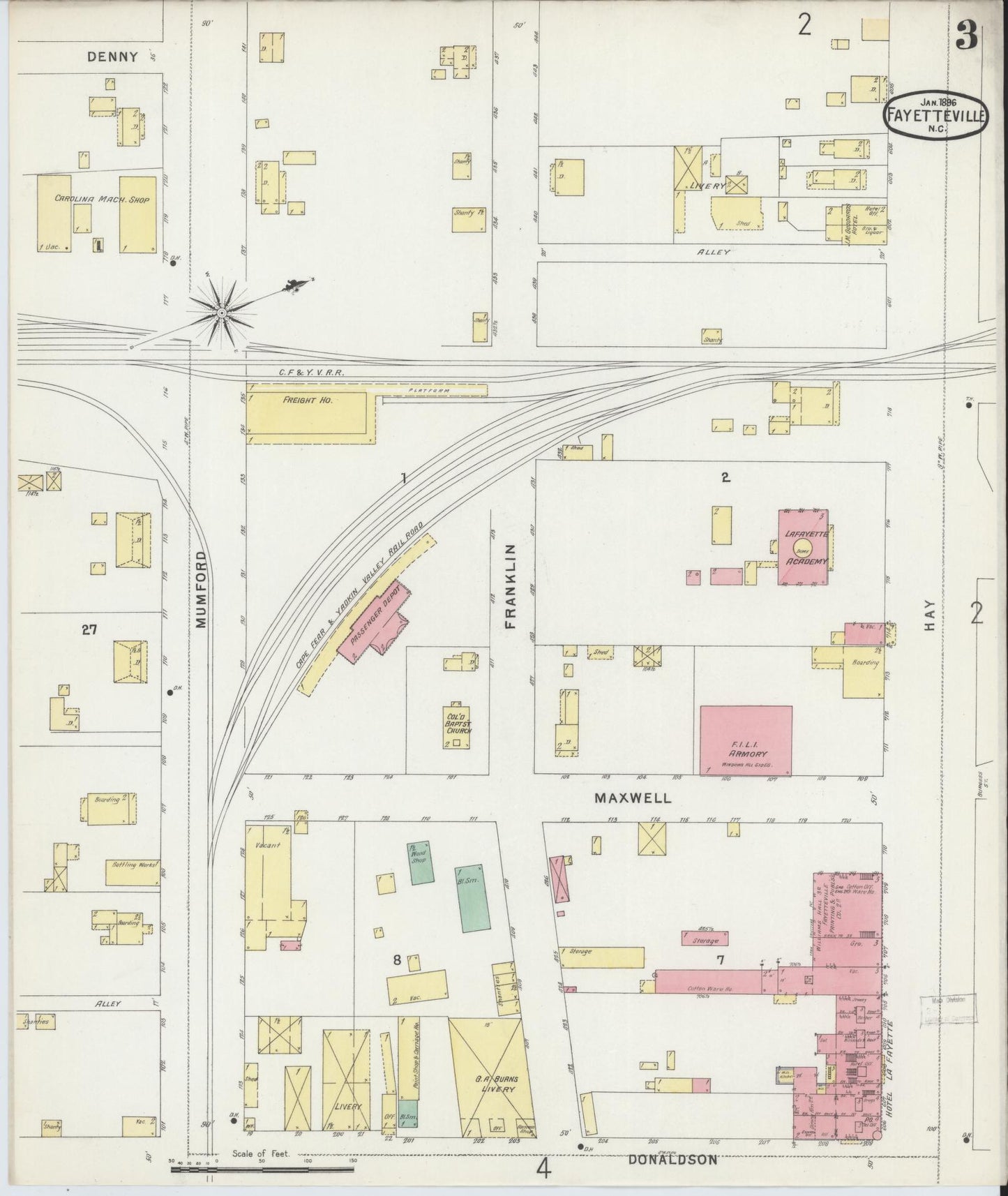 Sanborn Fire Insurance Map from Fayetteville, Cumberland County, North Carolina (1896), Sheet #0003 - Historic Sanborn Fire Insurance Map Print, vintage old map wall art, antique decor, genealogy gift, North Carolina North Carolina map