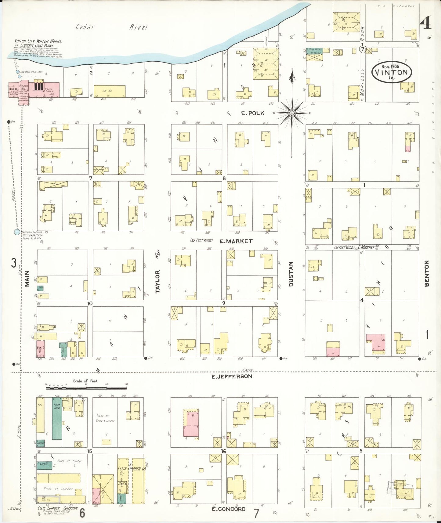 Sanborn Fire Insurance Map from Vinton, Benton County, Iowa (1906), Sheet #0004 - Historic Sanborn Fire Insurance Map Print, vintage old map wall art