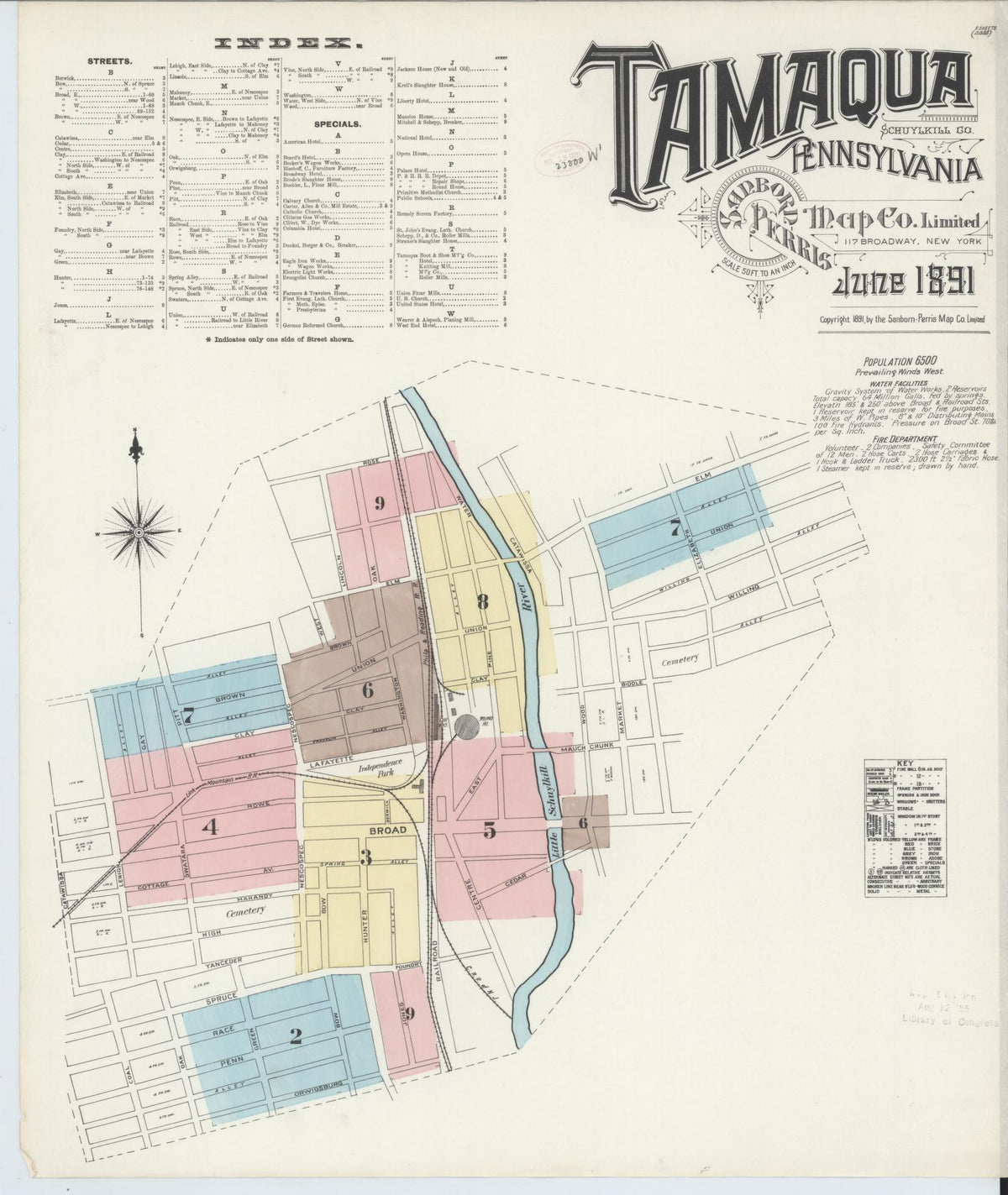 Sanborn Fire Insurance Map from Tamaqua, Schuylkill County, Pennsylvania (1891), Sheet #0001 - Historic Sanborn Fire Insurance Map Print, vintage old map wall art, antique decor, genealogy gift, Pennsylvania Pennsylvania map