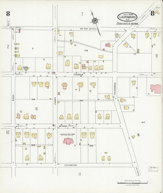 Sanborn Fire Insurance Map from Laurinburg, Scotland County, North Carolina (1924), Sheet #0008 - Historic Sanborn Fire Insurance Map Print, vintage old map wall art, antique decor, genealogy gift, North Carolina North Carolina map