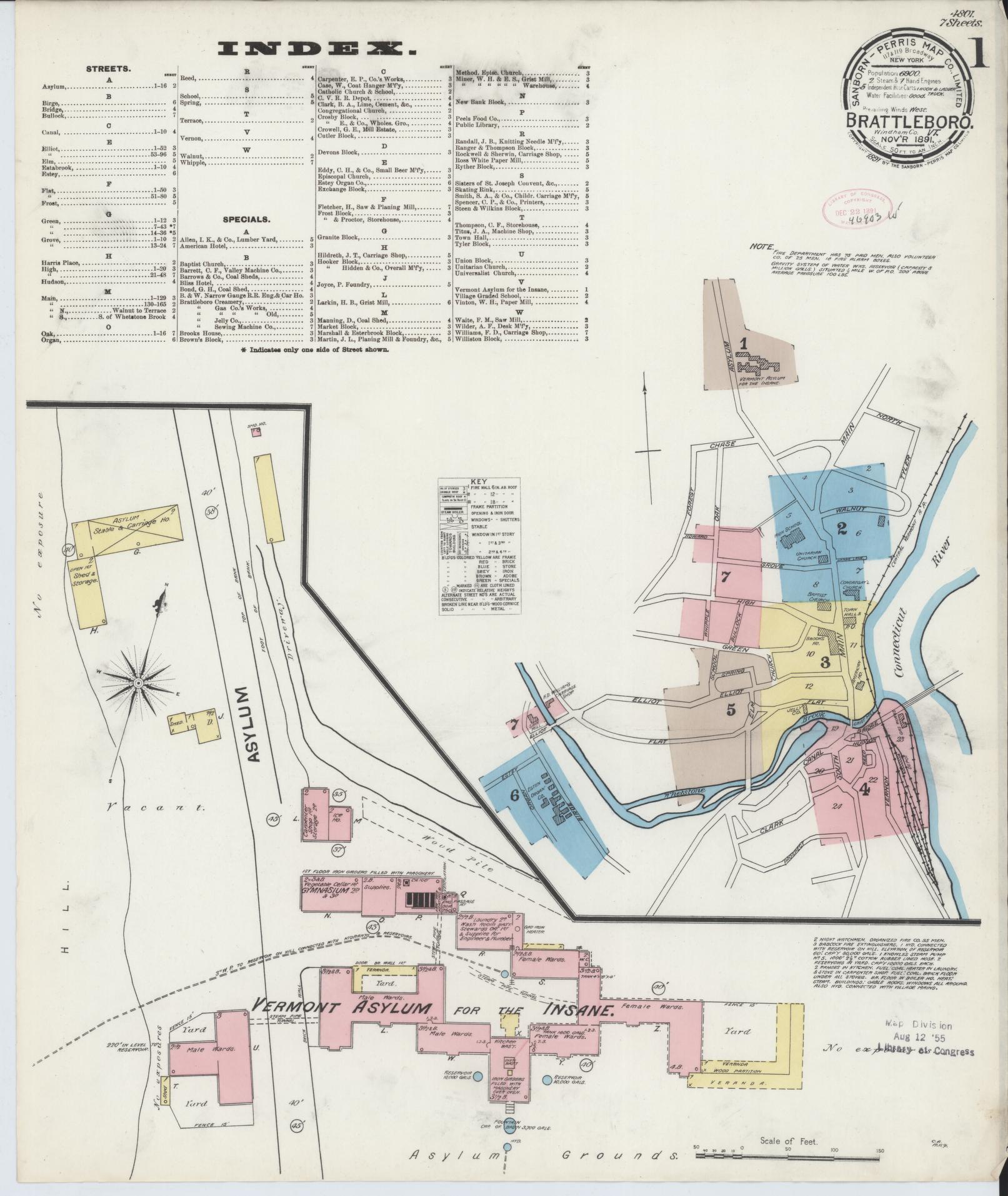Sanborn Fire Insurance Map from Brattleboro, Windham County, Vermont (1891), Sheet #0001 - Complete Map Set gallery image, historic Sanborn map, vintage wall art, Vermont Vermont