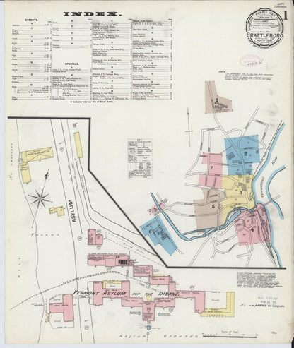 Sanborn Fire Insurance Map from Brattleboro, Windham County, Vermont (1891), Sheet #0001 - Complete Map Set gallery image, historic Sanborn map, vintage wall art, Vermont Vermont