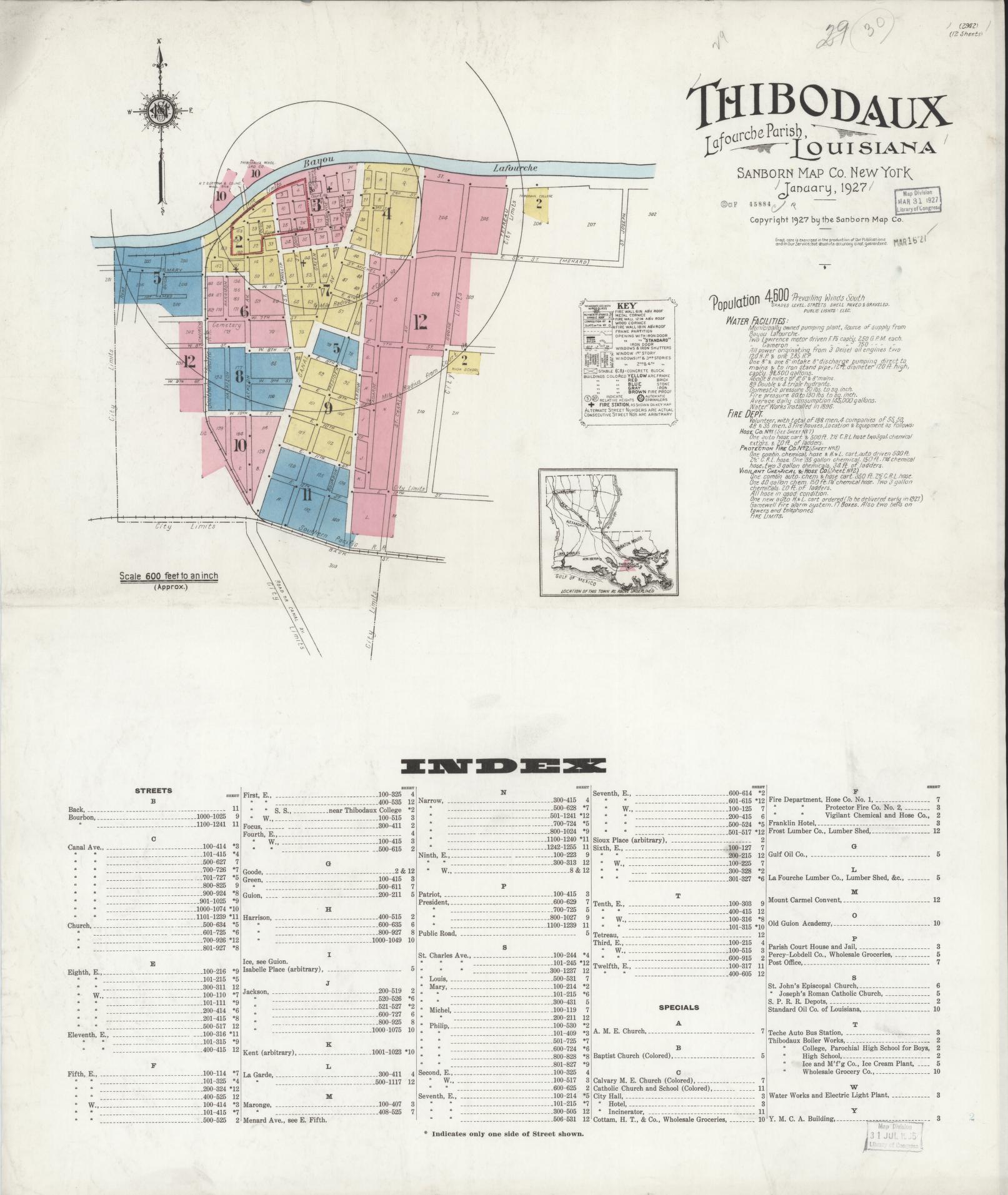 Sanborn Fire Insurance Map from Thibodaux, Lafourche Parish, Louisiana. (1927) – Historic Sanborn Fire Insurance Map Print