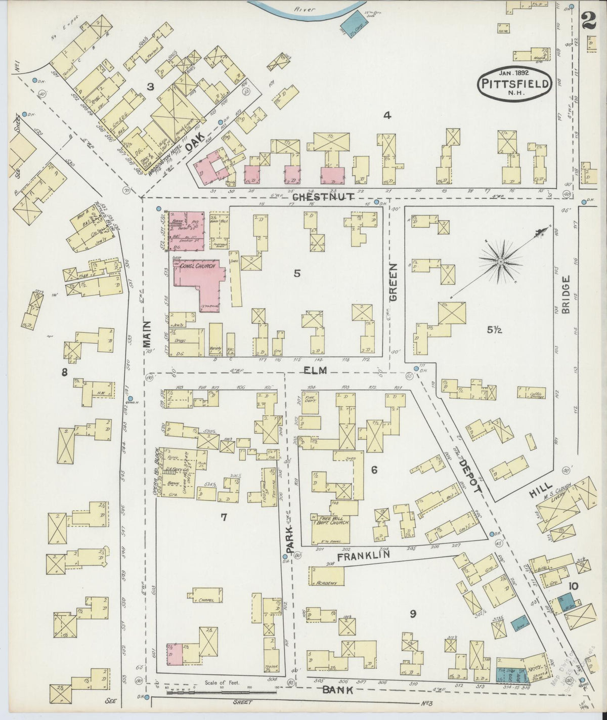 Sanborn Fire Insurance Map from Pittsfield, Merrimack County, New Hampshire (1892), Sheet #0002 - Historic Sanborn Fire Insurance Map Print, vintage old map wall art, antique decor, genealogy gift, New Hampshire New Hampshire map