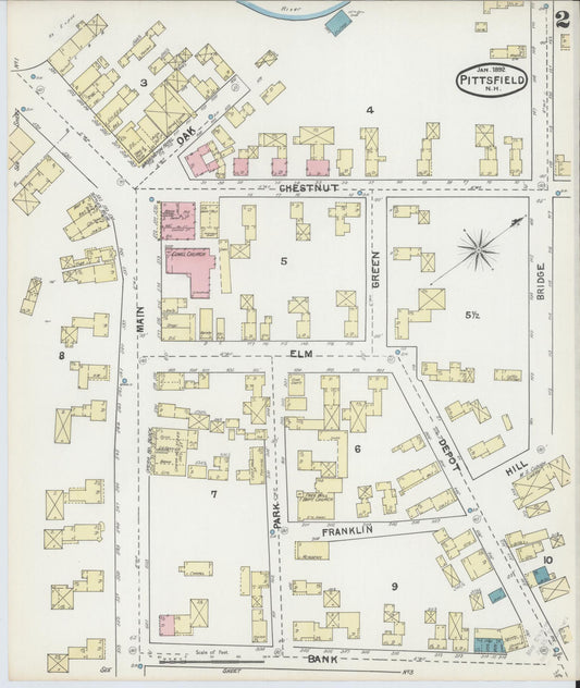 Sanborn Fire Insurance Map from Pittsfield, Merrimack County, New Hampshire (1892), Sheet #0002 - Historic Sanborn Fire Insurance Map Print, vintage old map wall art, antique decor, genealogy gift, New Hampshire New Hampshire map