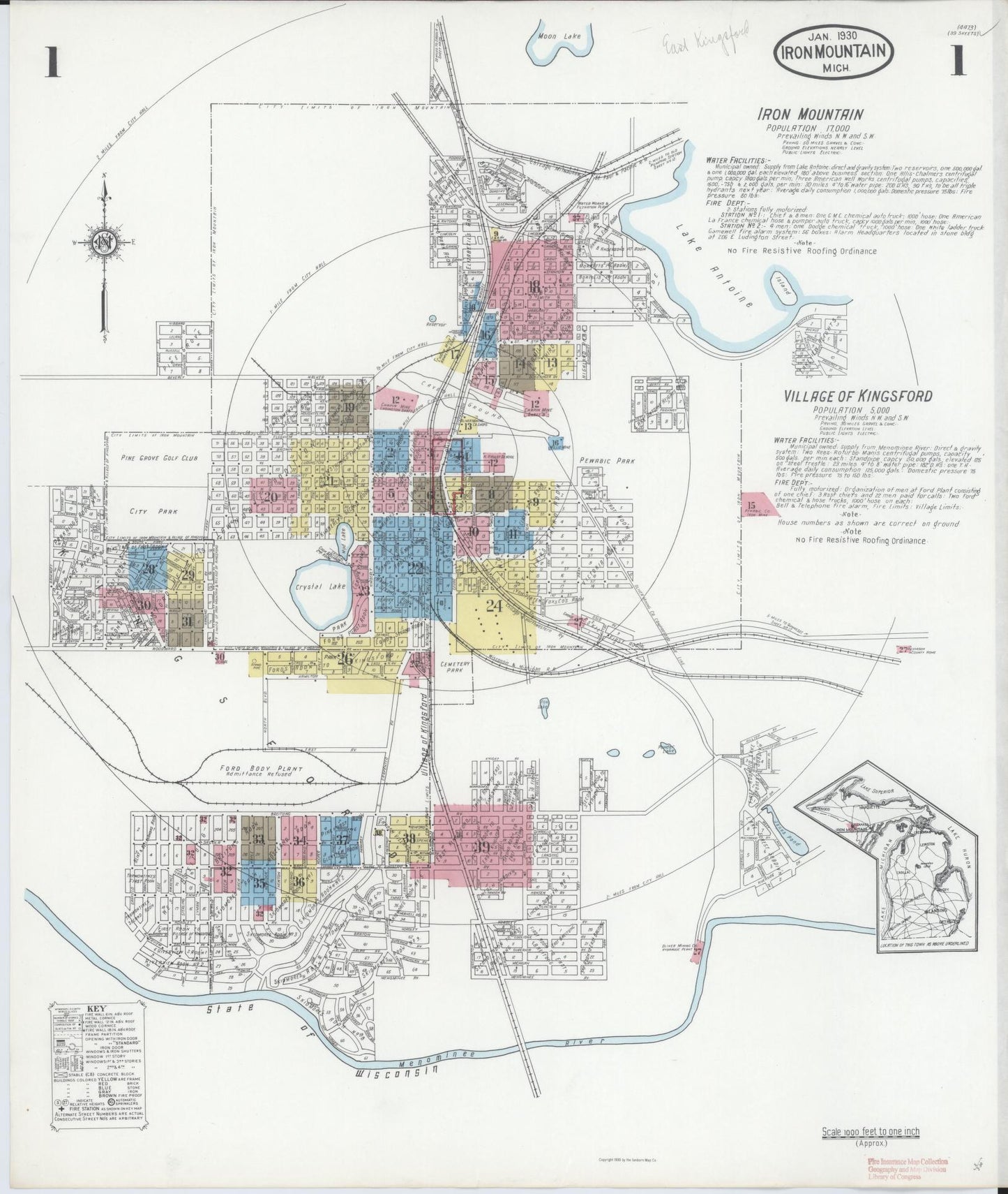 Sanborn Fire Insurance Map from Iron Mountain, Dickinson County, Michigan (1930), Sheet #0001 - Historic Sanborn Fire Insurance Map Print, vintage old map wall art, antique decor, genealogy gift, Michigan Michigan map