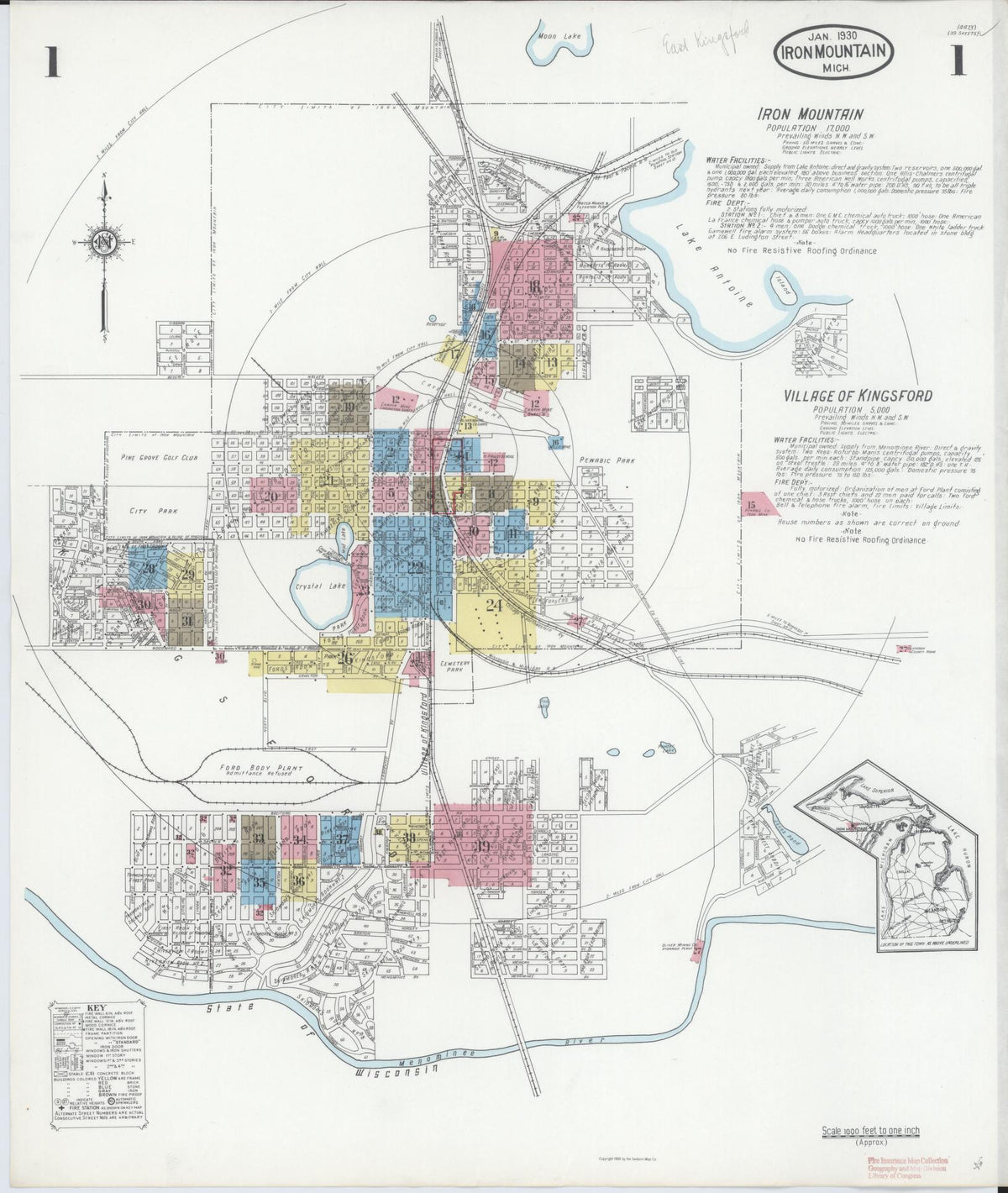Sanborn Fire Insurance Map from Iron Mountain, Dickinson County, Michigan (1930), Sheet #0001 - Historic Sanborn Fire Insurance Map Print, vintage old map wall art, antique decor, genealogy gift, Michigan Michigan map