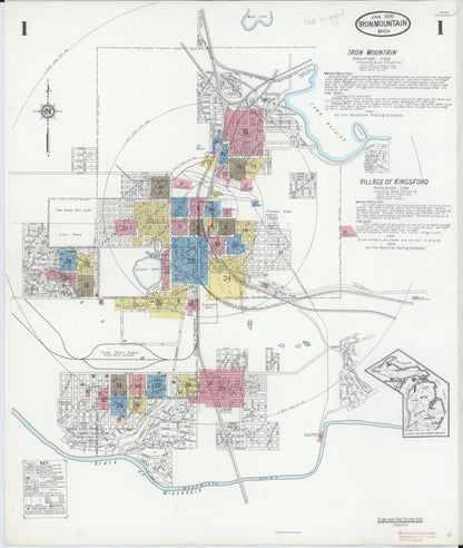 Sanborn Fire Insurance Map from Iron Mountain, Dickinson County, Michigan (1930), Sheet #0001 - Historic Sanborn Fire Insurance Map Print, vintage old map wall art, antique decor, genealogy gift, Michigan Michigan map