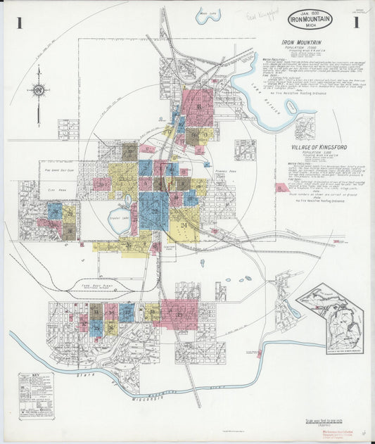 Sanborn Fire Insurance Map from Iron Mountain, Dickinson County, Michigan (1930), Sheet #0001 - Historic Sanborn Fire Insurance Map Print, vintage old map wall art, antique decor, genealogy gift, Michigan Michigan map