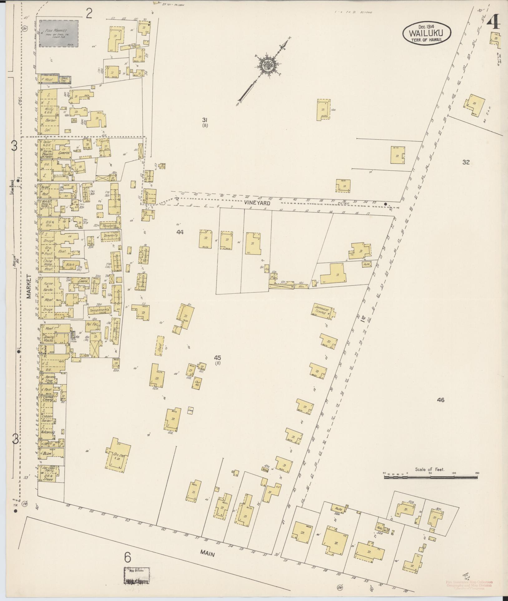 Sanborn Fire Insurance Map from Wailuku, Maui County, Hawaii (1914), Sheet #0004 - Historic Sanborn Fire Insurance Map Print, vintage old map wall art, antique decor, genealogy gift, Hawaii Hawaii map