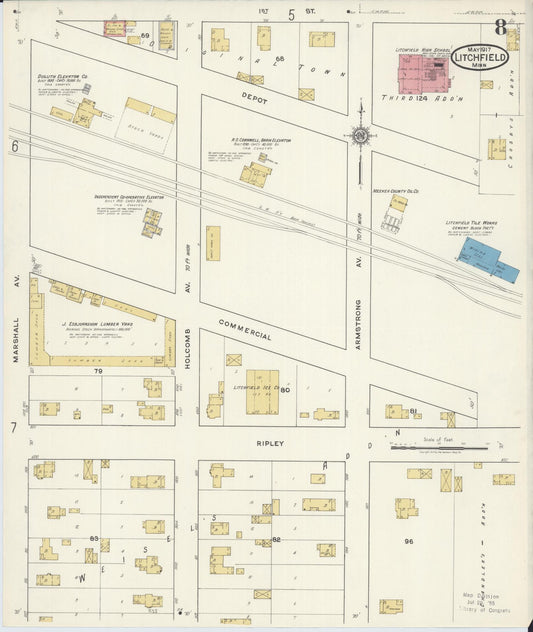Sanborn Fire Insurance Map from Litchfield, Meeker County, Minnesota (1917), Sheet #0008 - Historic Sanborn Fire Insurance Map Print, vintage old map wall art, antique decor, genealogy gift, Minnesota Minnesota map