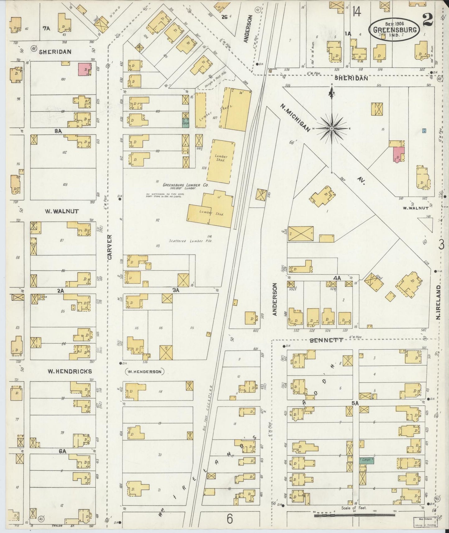 Sanborn Fire Insurance Map from Greensburg, Decatur County, Indiana (1906), Sheet #0002 - Complete Map Set gallery image, historic Sanborn map, vintage wall art, Indiana Indiana