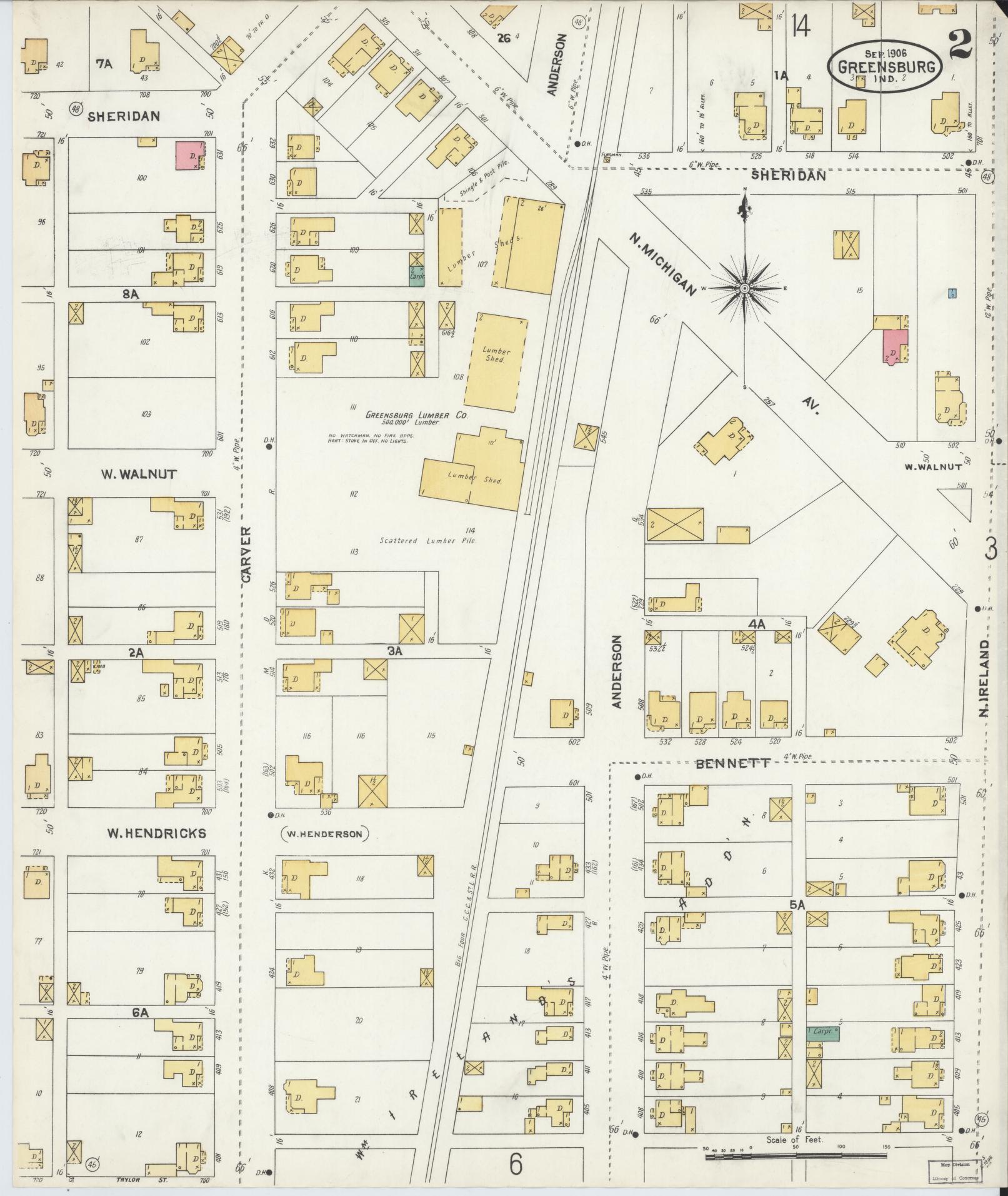 Sanborn Fire Insurance Map from Greensburg, Decatur County, Indiana (1906), Sheet #0002 - Complete Map Set gallery image, historic Sanborn map, vintage wall art, Indiana Indiana