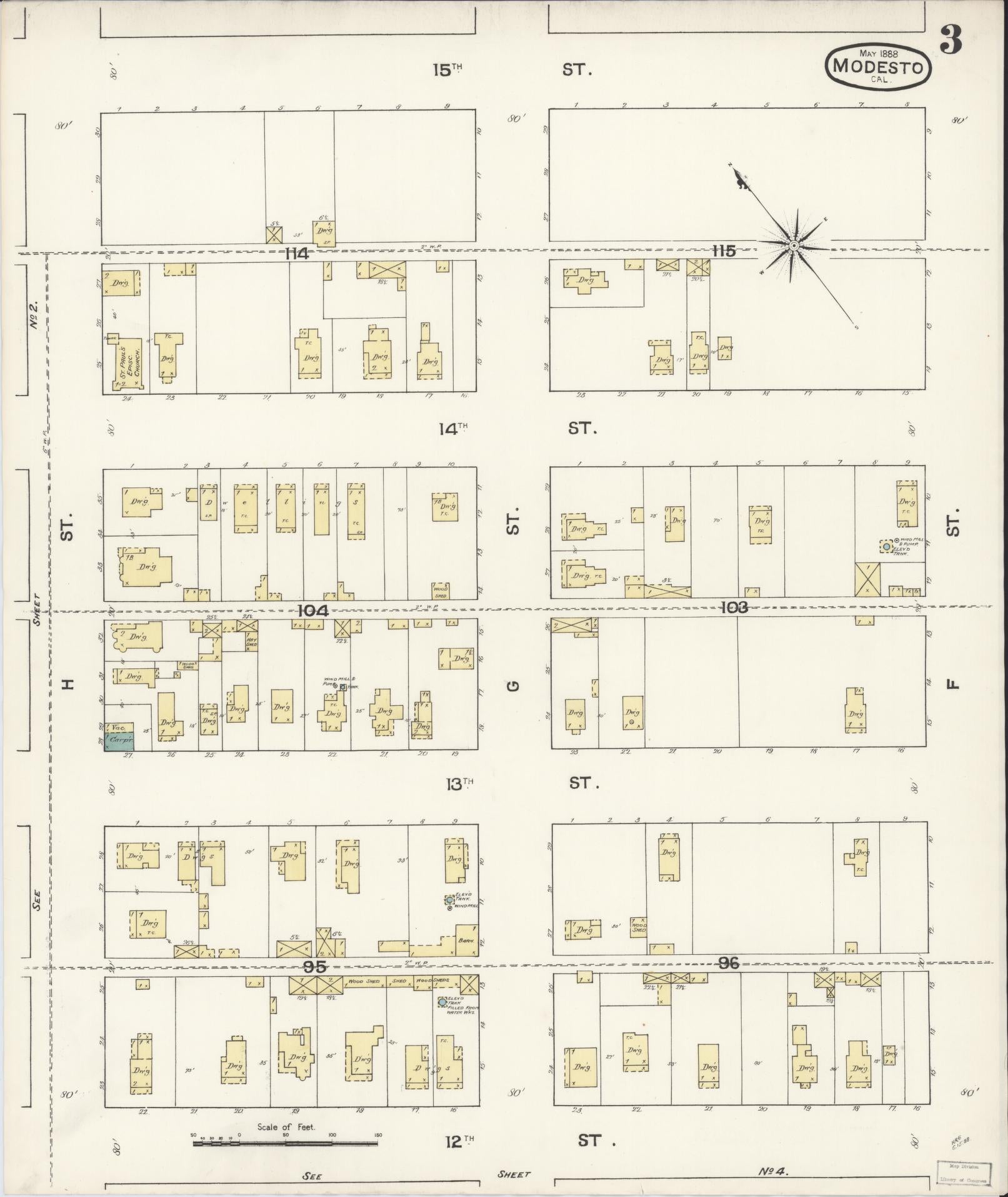Sanborn Fire Insurance Map from Modesto, Stanislaus County, California (1888), Sheet #0003 - Historic Sanborn Fire Insurance Map Print, vintage old map wall art, antique decor, genealogy gift, California California map