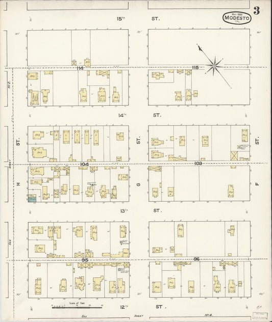 Sanborn Fire Insurance Map from Modesto, Stanislaus County, California (1888), Sheet #0003 - Historic Sanborn Fire Insurance Map Print, vintage old map wall art, antique decor, genealogy gift, California California map