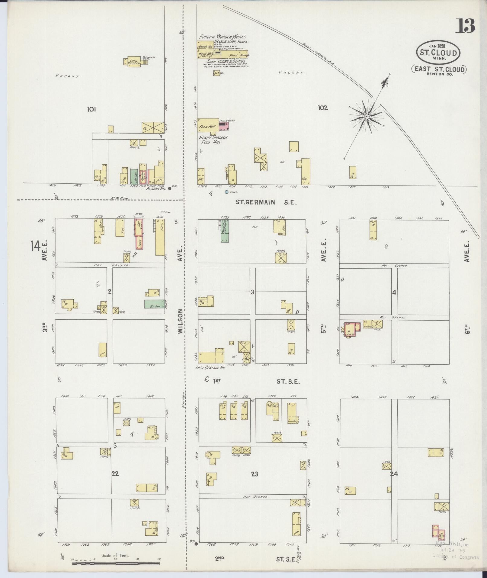 Sanborn Fire Insurance Map from Saint Cloud, Stearns, Benton, and Sherburne Counties, Minnesota (1898), Sheet #0013 - Complete Map Set gallery image, historic Sanborn map, vintage wall art, Minnesota Minnesota