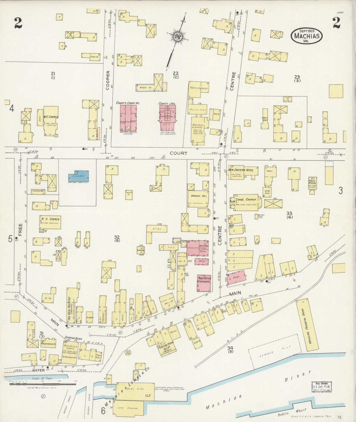 Sanborn Fire Insurance Map from Machias, Washington County, Maine (1925), Sheet #0002 - Historic Sanborn Fire Insurance Map Print, vintage old map wall art, antique decor, genealogy gift, Maine Maine map