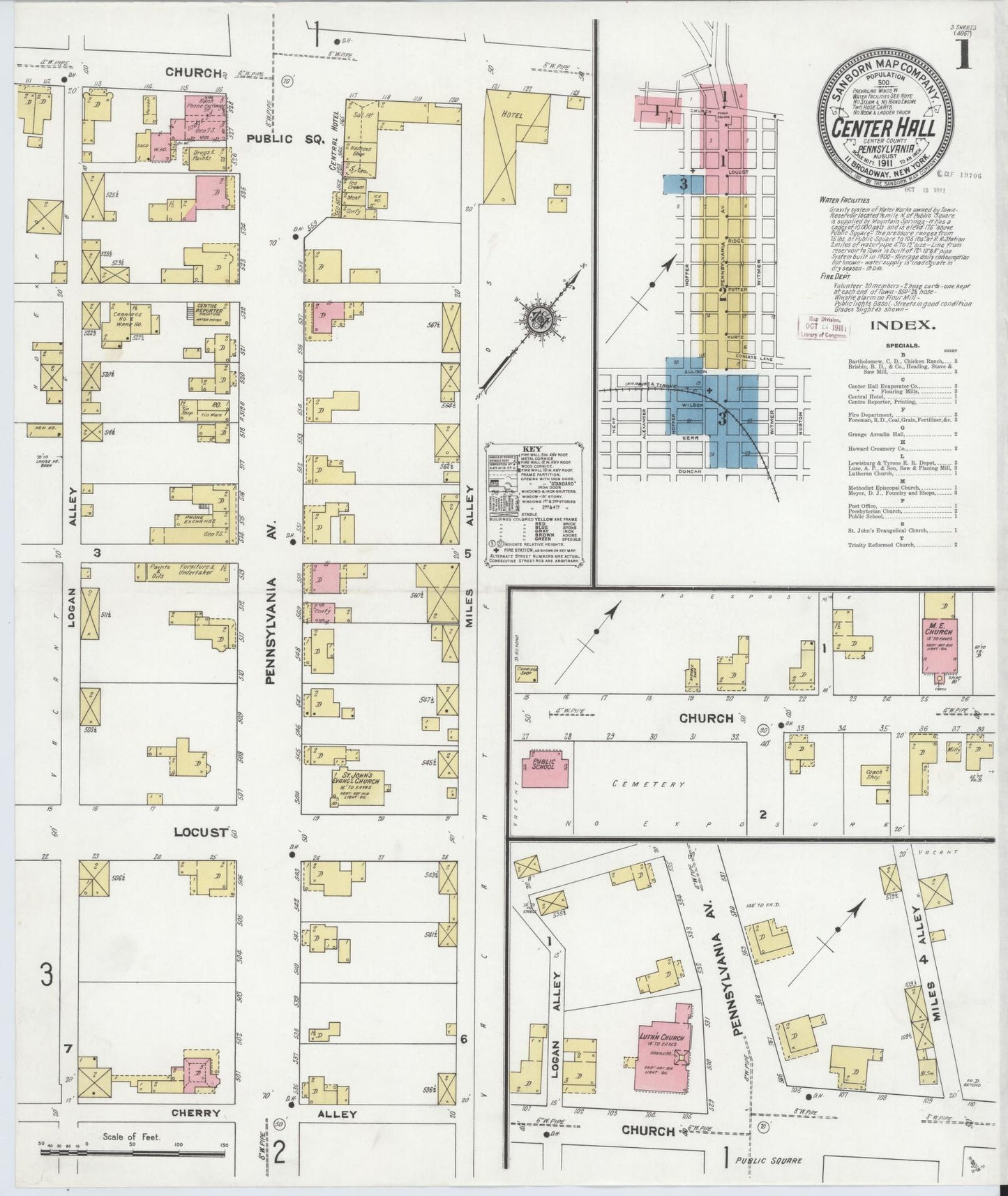 Sanborn Fire Insurance Map from Center Hall, Centre County, Pennsylvania (1911), Sheet #0001 - Historic Sanborn Fire Insurance Map Print, vintage old map wall art, antique decor, genealogy gift, Pennsylvania Pennsylvania map