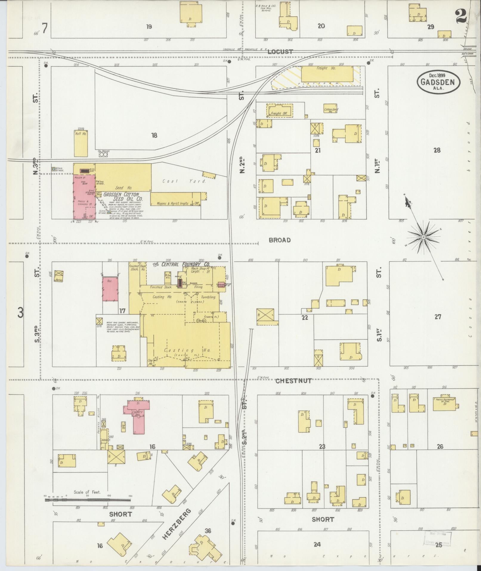 Sanborn Fire Insurance Map from Gadsden, Etowah County, Alabama (1899), Sheet #0002 - Historic Sanborn Fire Insurance Map Print, vintage old map wall art, antique decor, genealogy gift, Alabama Alabama map