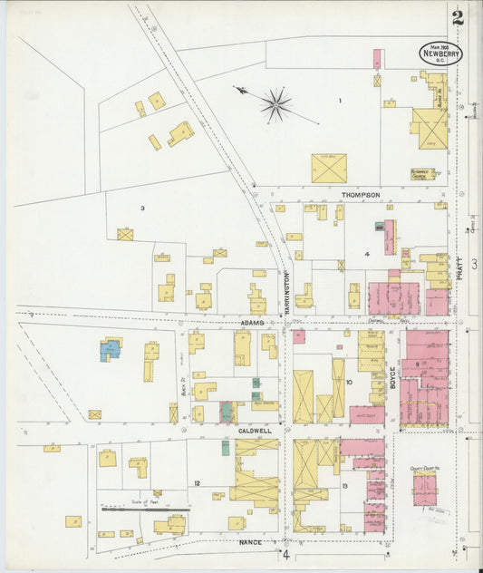 Sanborn Fire Insurance Map from Newberry, Newberry County, South Carolina (1905), Sheet #0002 - Historic Sanborn Fire Insurance Map Print, vintage old map wall art, antique decor, genealogy gift, South Carolina South Carolina map