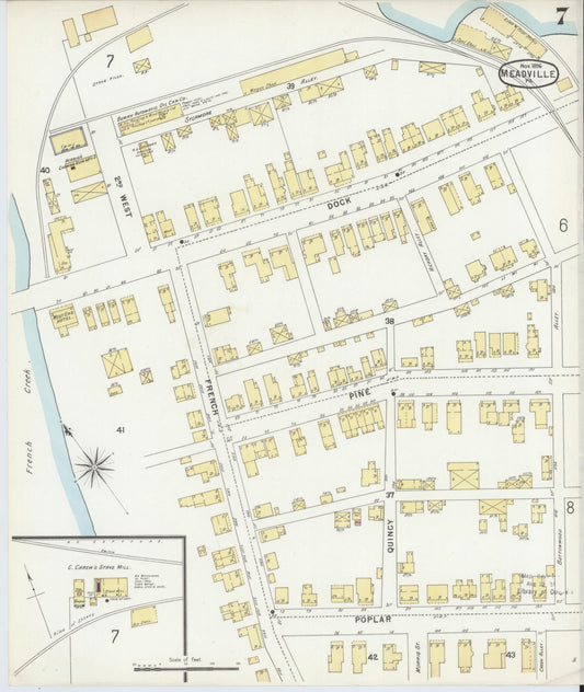 Sanborn Fire Insurance Map from Meadville, Crawford County, Pennsylvania (1896), Sheet #0007 - Historic Sanborn Fire Insurance Map Print, vintage old map wall art, antique decor, genealogy gift, Pennsylvania Pennsylvania map