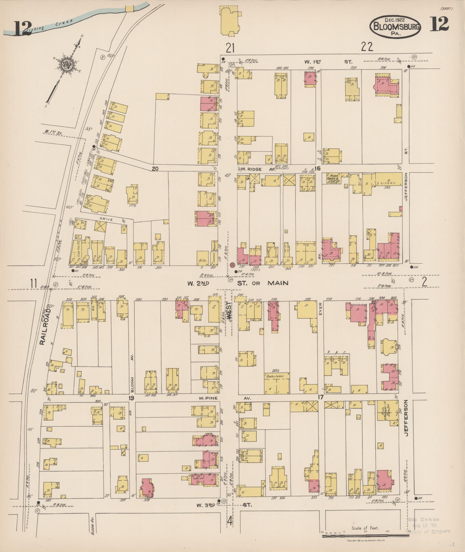 Sanborn Fire Insurance Map from Bloomsburg, Columbia County, Pennsylvania (1922), Sheet #0012 - Historic Sanborn Fire Insurance Map Print, vintage old map wall art, antique decor, genealogy gift, Pennsylvania Pennsylvania map