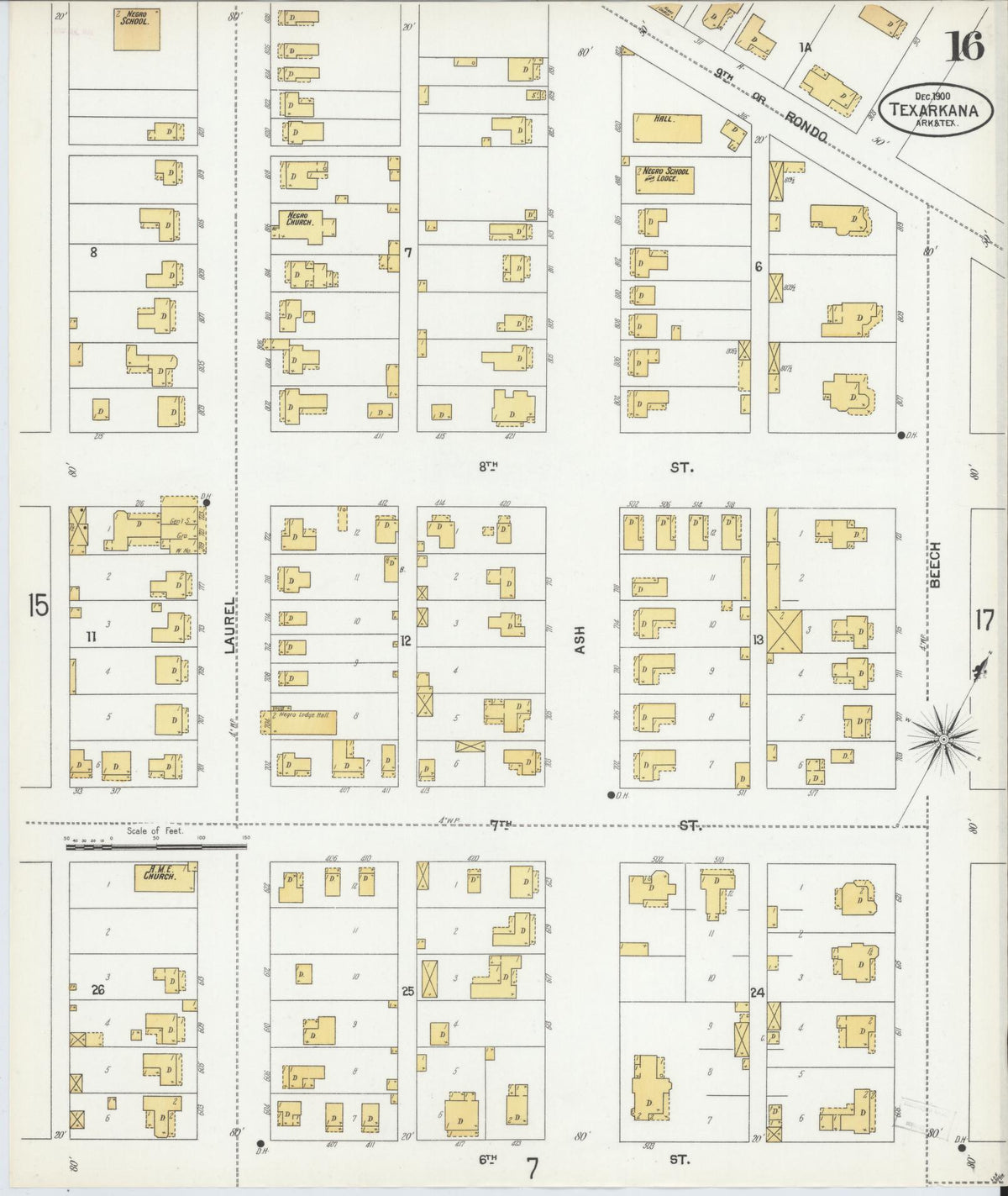 Sanborn Fire Insurance Map from Texarkana, Bowie County, Texas (1900), Sheet #0016 - Complete Map Set gallery image, historic Sanborn map, vintage wall art, Texas Texas