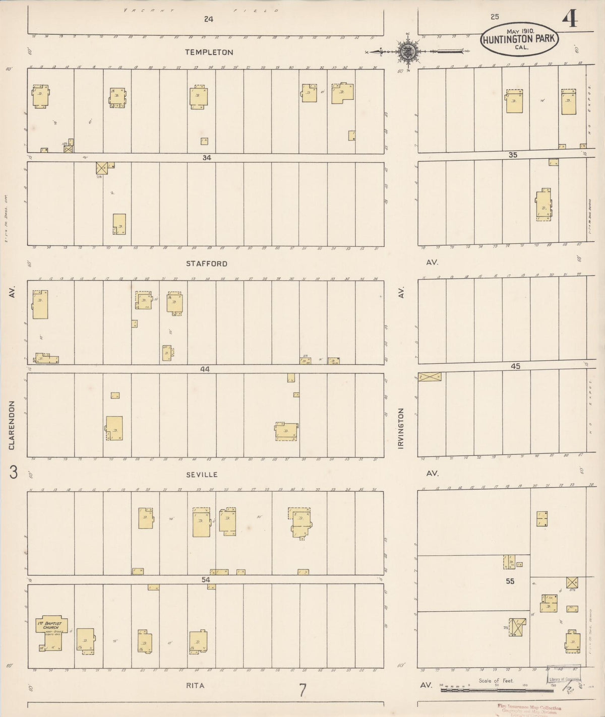 Sanborn Fire Insurance Map from Huntington Park, Los Angeles County, California (1910), Sheet #0004 - Complete Map Set gallery image, historic Sanborn map, vintage wall art, California California