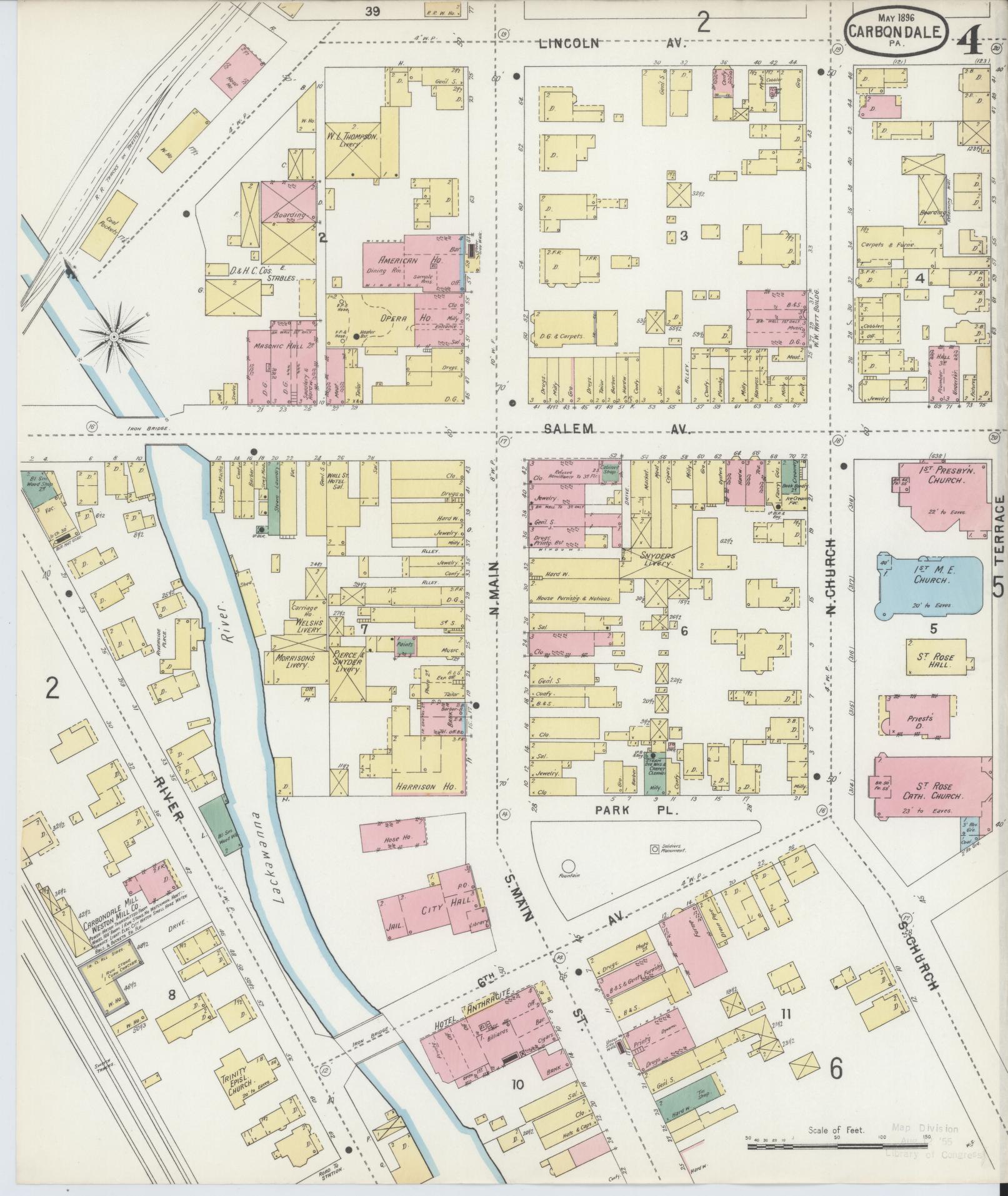 Sanborn Fire Insurance Map from Carbondale, Lackawanna County, Pennsylvania (1896), Sheet #0004 - Historic Sanborn Fire Insurance Map Print, vintage old map wall art, antique decor, genealogy gift, Pennsylvania Pennsylvania map