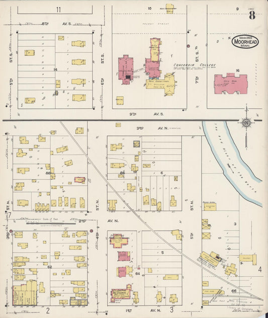 Sanborn Fire Insurance Map from Moorhead, Clay County, Minnesota (1922), Sheet #0008 - Historic Sanborn Fire Insurance Map Print, vintage old map wall art, antique decor, genealogy gift, Minnesota Minnesota map