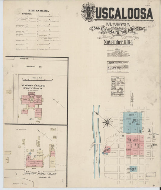 Sanborn Fire Insurance Map from Tuscaloosa, Tuscaloosa County, Alabama (1884), Sheet #0001 - Historic Sanborn Fire Insurance Map Print, vintage old map wall art, antique decor, genealogy gift, Alabama Alabama map