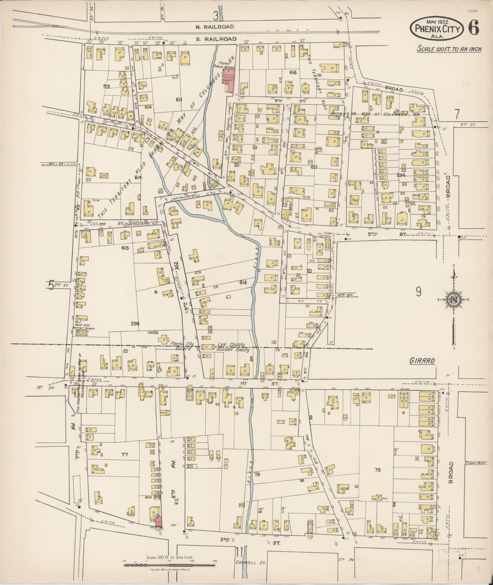 Sanborn Fire Insurance Map from Phenix City, Lee And Russell Counties, Alabama (1922), Sheet #0006 - Complete Map Set gallery image, historic Sanborn map, vintage wall art, Alabama Alabama