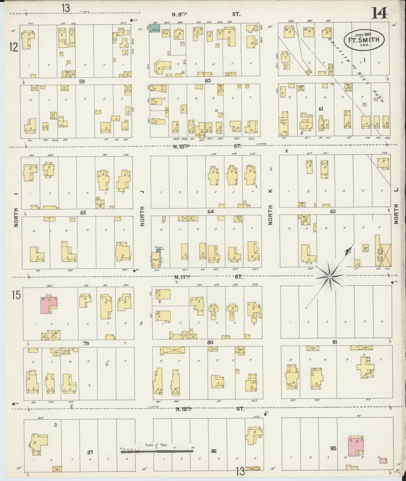 Sanborn Fire Insurance Map from Fort Smith, Sebastian County, Arkansas (1897), Sheet #0014 - Historic Sanborn Fire Insurance Map Print, vintage old map wall art, antique decor, genealogy gift, Arkansas Arkansas map